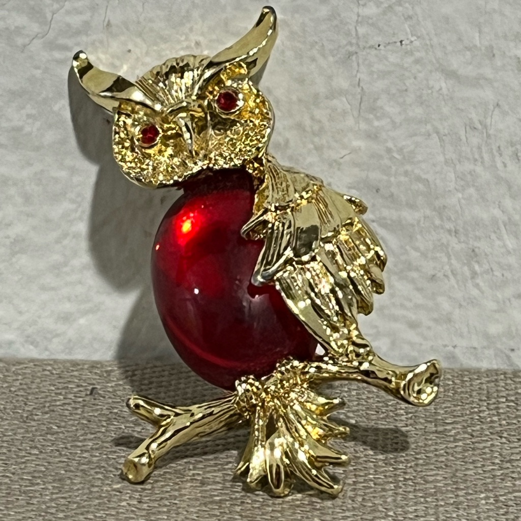 Gerrys Owl Red Jelly Belly Jeweled Eye Brooch Gold Pin 15 Vintage Jewelry 49$
